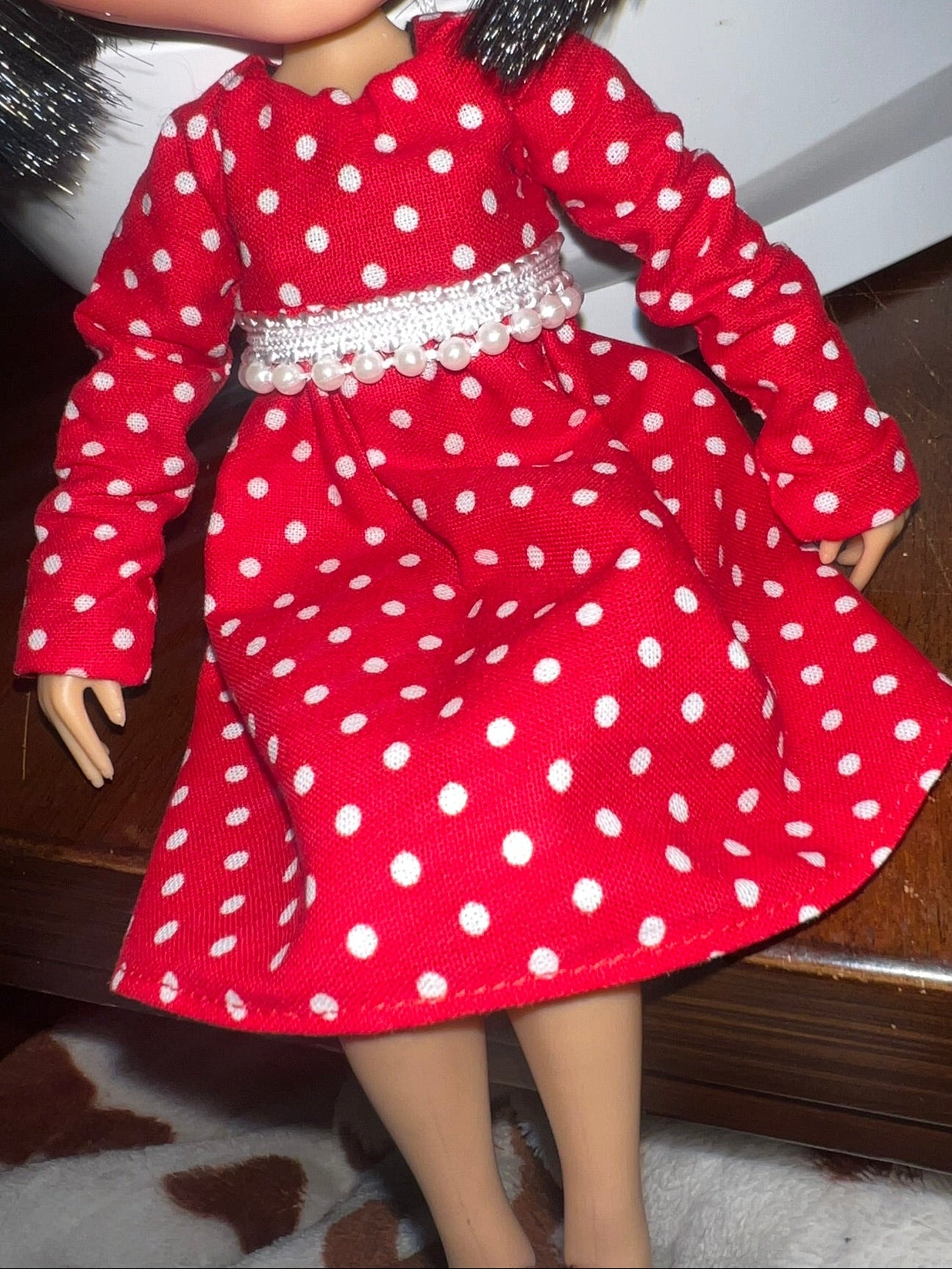 Red Polka Dot Pearl Accent Dress - fits BJD 1/6 Scale Fashion Doll