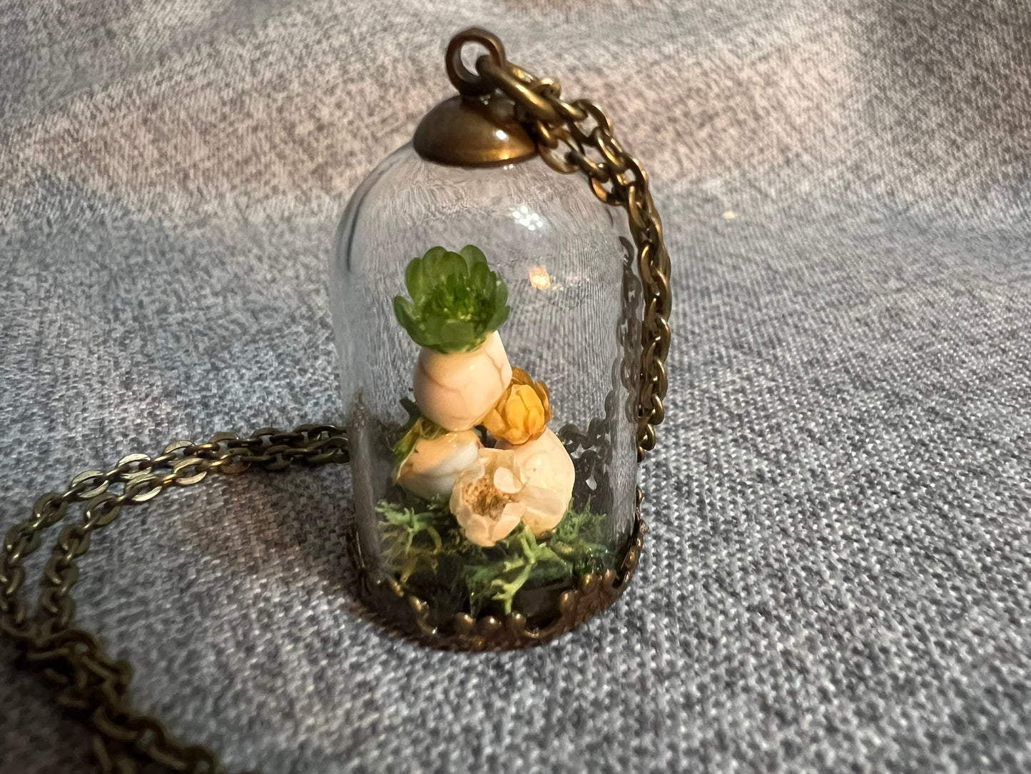 Miniature Skull & Dried Flower Necklace: Antique Bronze Glass Dome