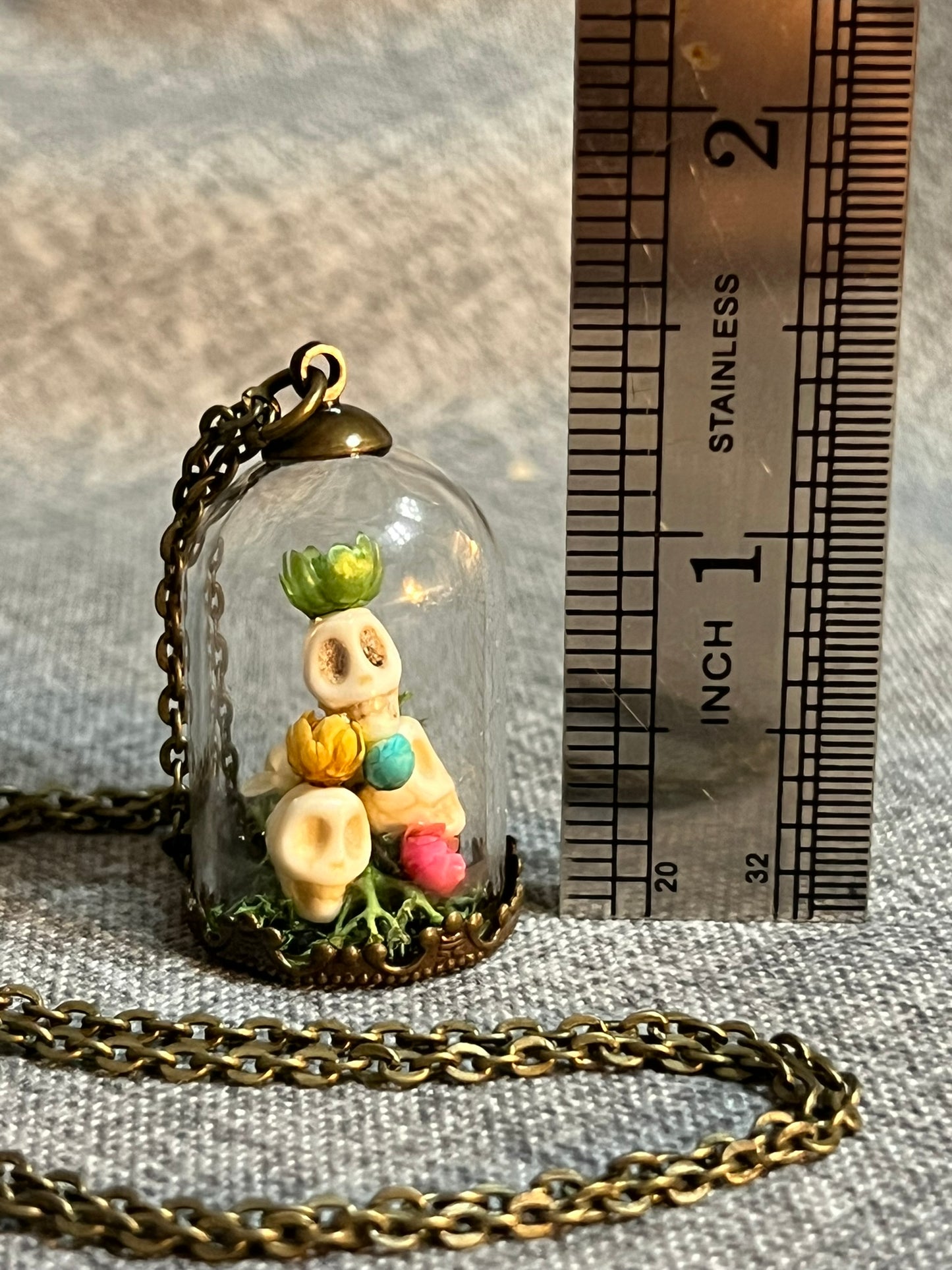 Miniature Skull & Dried Flower Necklace: Antique Bronze Glass Dome