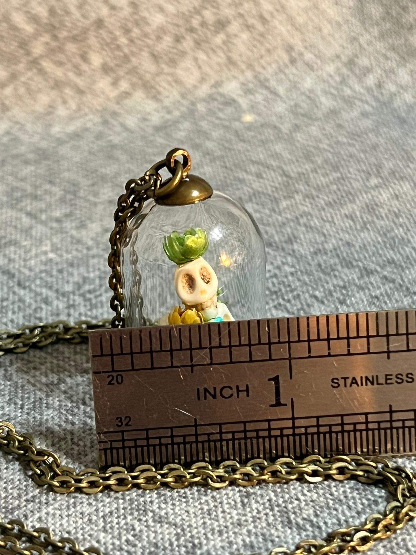 Miniature Skull & Dried Flower Necklace: Antique Bronze Glass Dome
