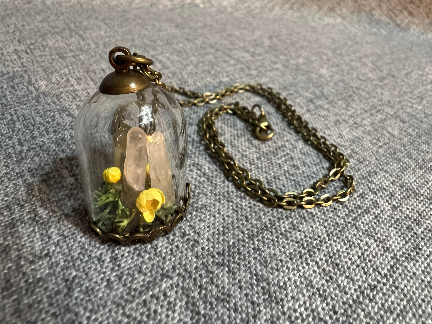 Quartz Crystal & Dried Flower Glass Dome Pendant - Antique Bronze Necklace