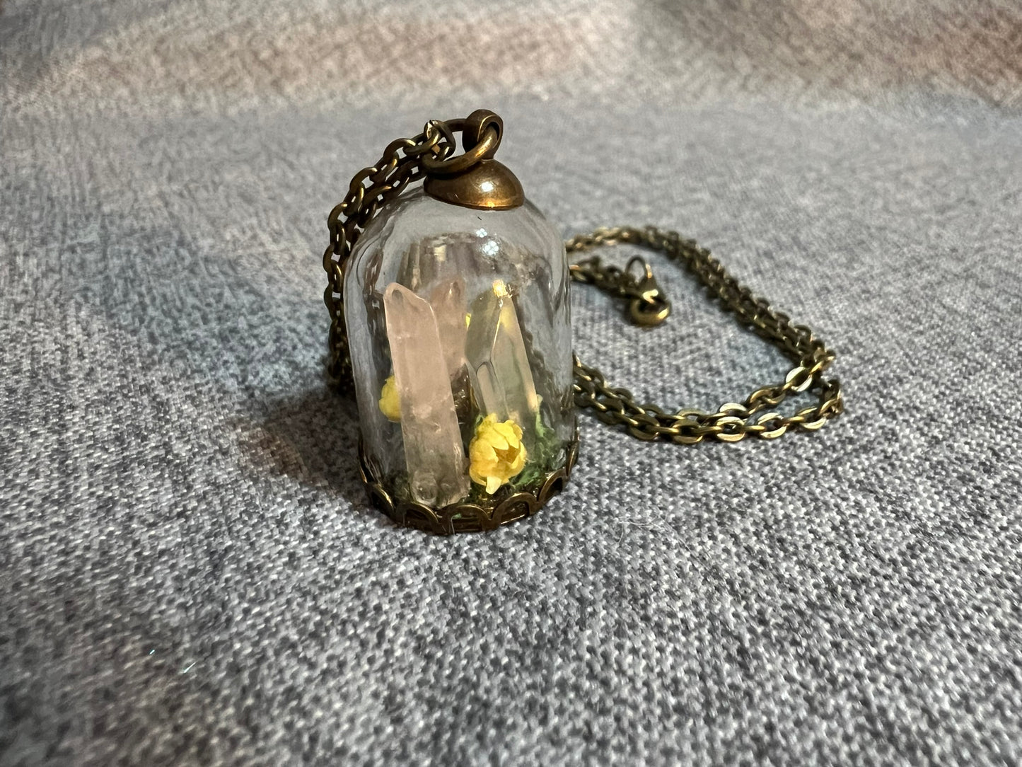 Quartz Crystal & Dried Flower Glass Dome Pendant - Antique Bronze Necklace