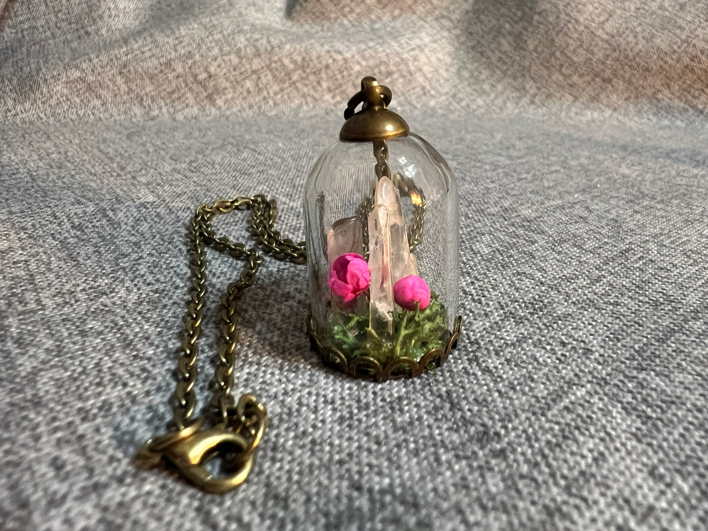 Quartz Crystal & Dried Flower Glass Dome Pendant - Antique Bronze Necklace