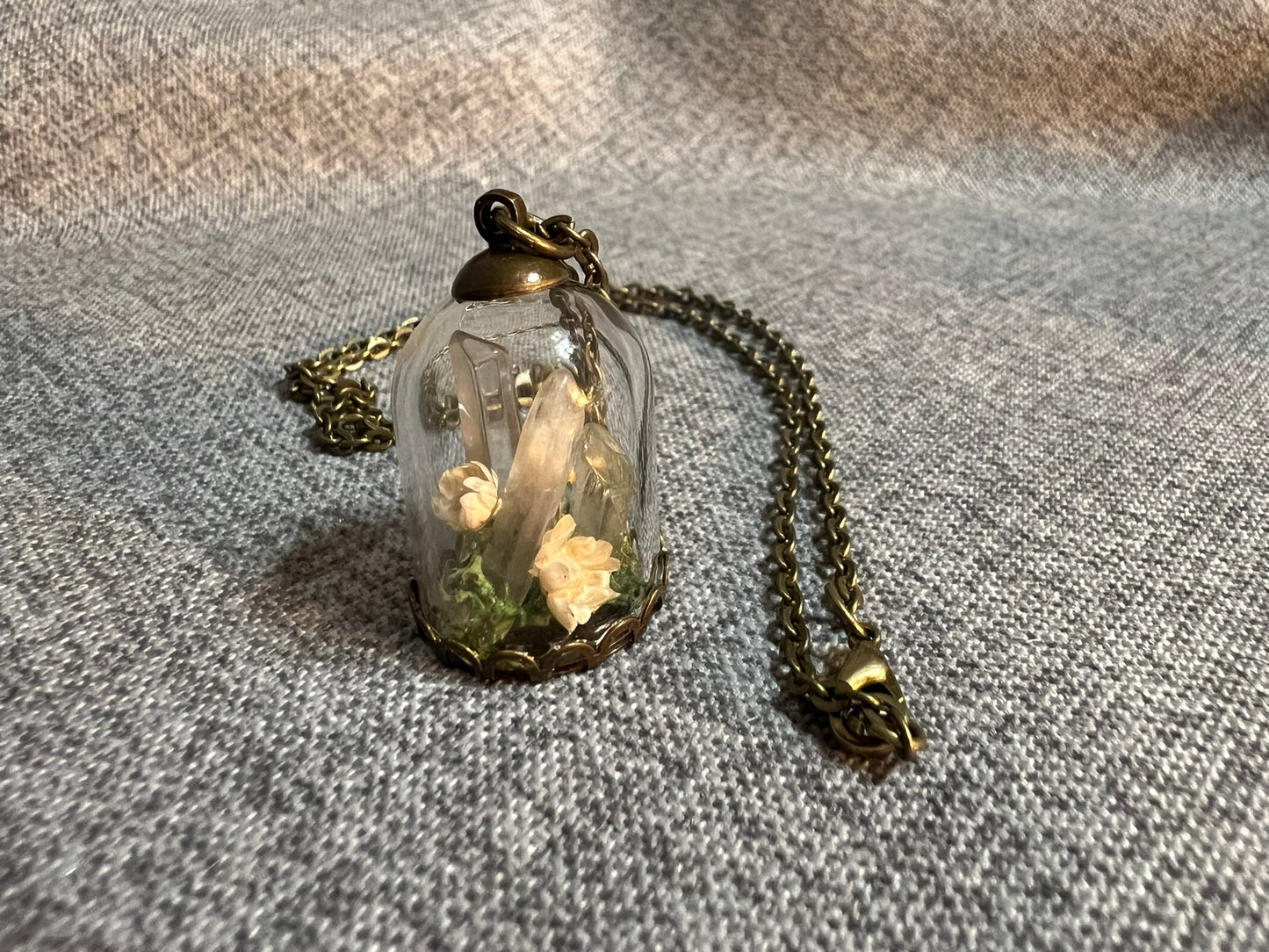 Quartz Crystal & Dried Flower Glass Dome Pendant - Antique Bronze Necklace