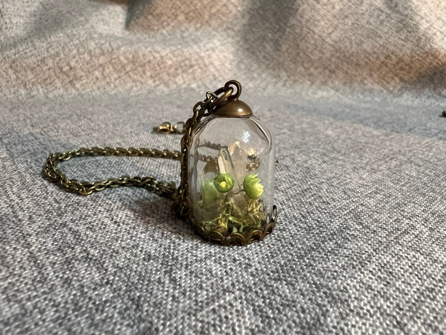 Quartz Crystal & Dried Flower Glass Dome Pendant - Antique Bronze Necklace