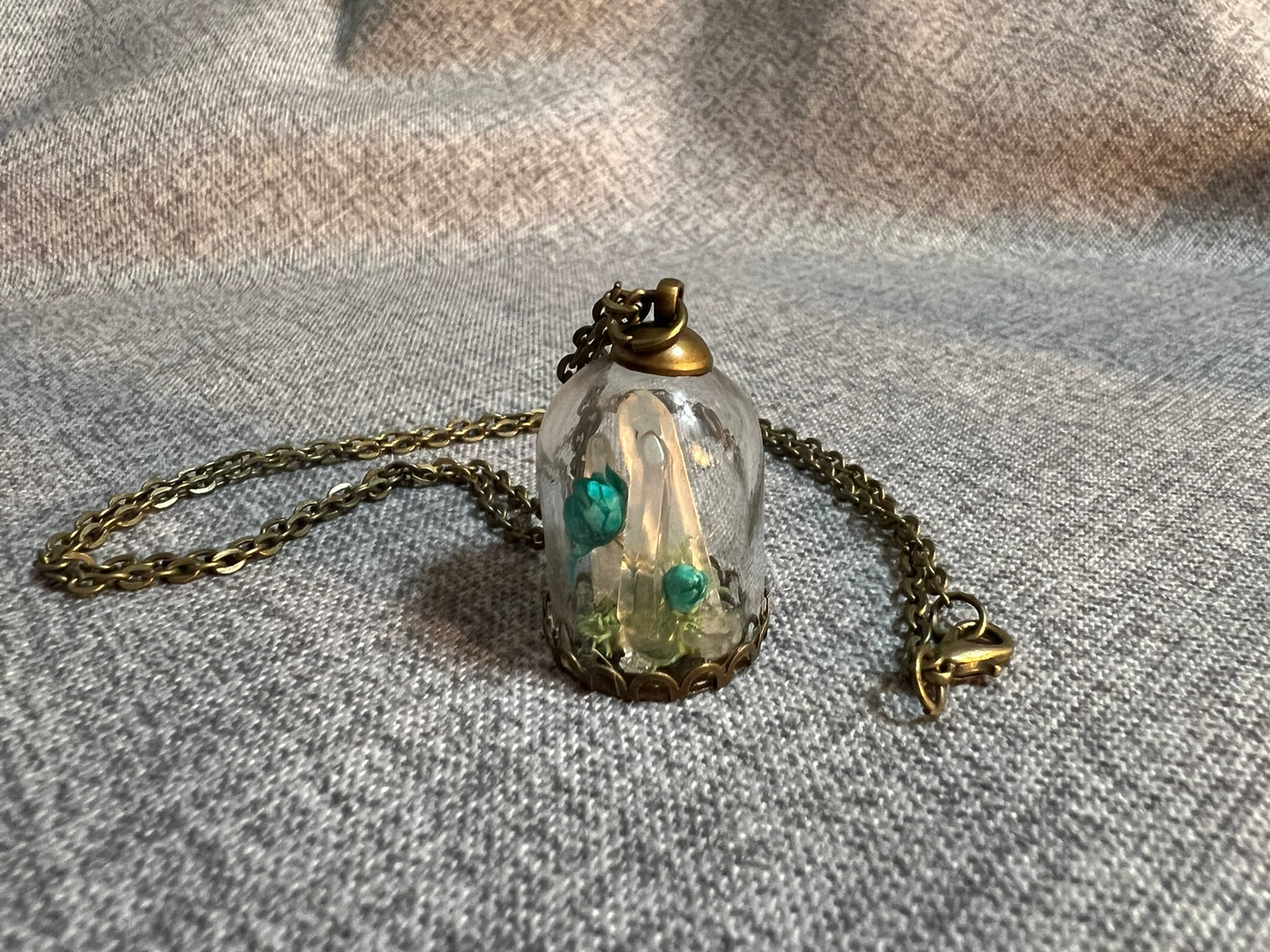 Quartz Crystal & Dried Flower Glass Dome Pendant - Antique Bronze Necklace