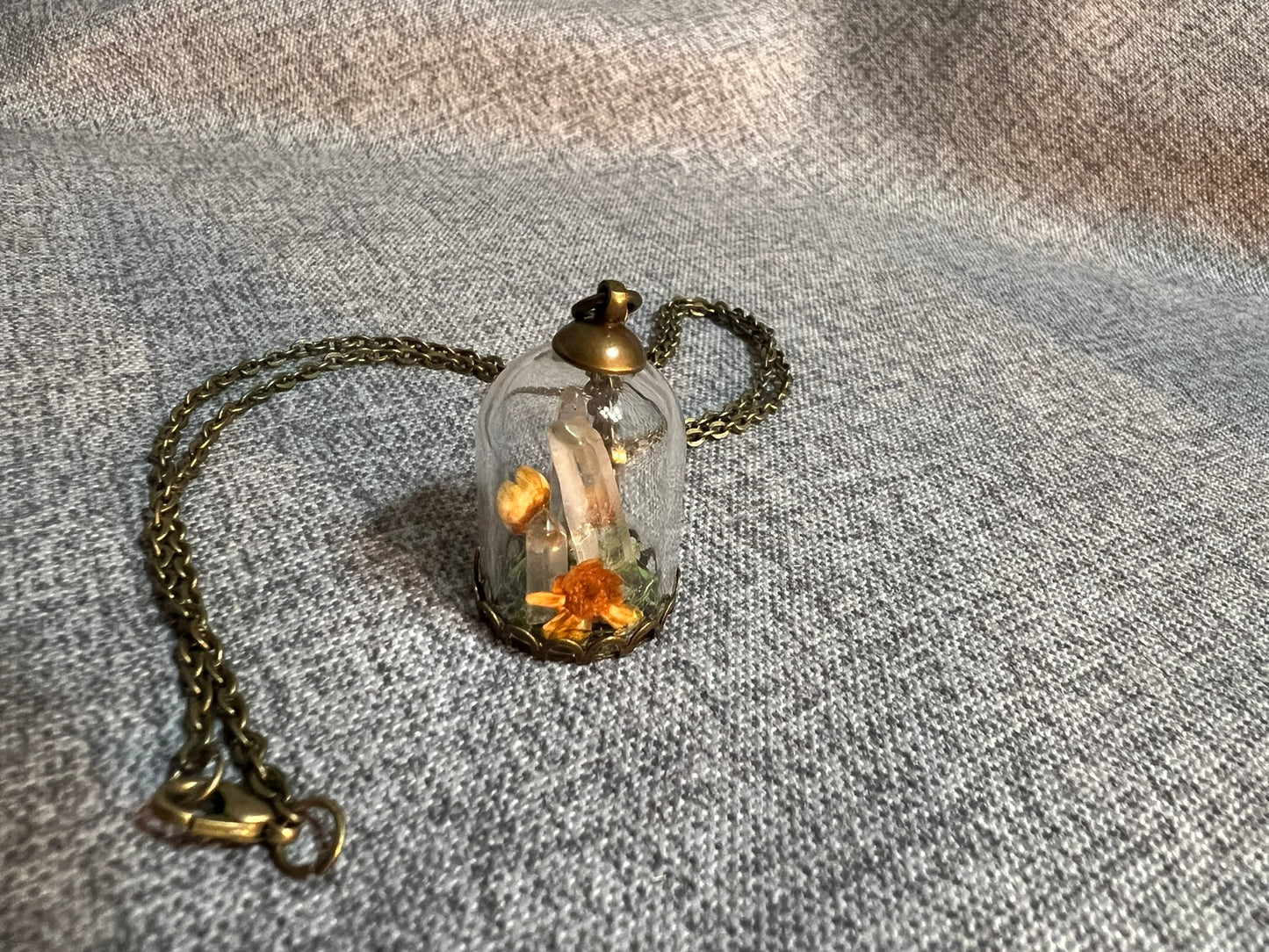 Quartz Crystal & Dried Flower Glass Dome Pendant - Antique Bronze Necklace