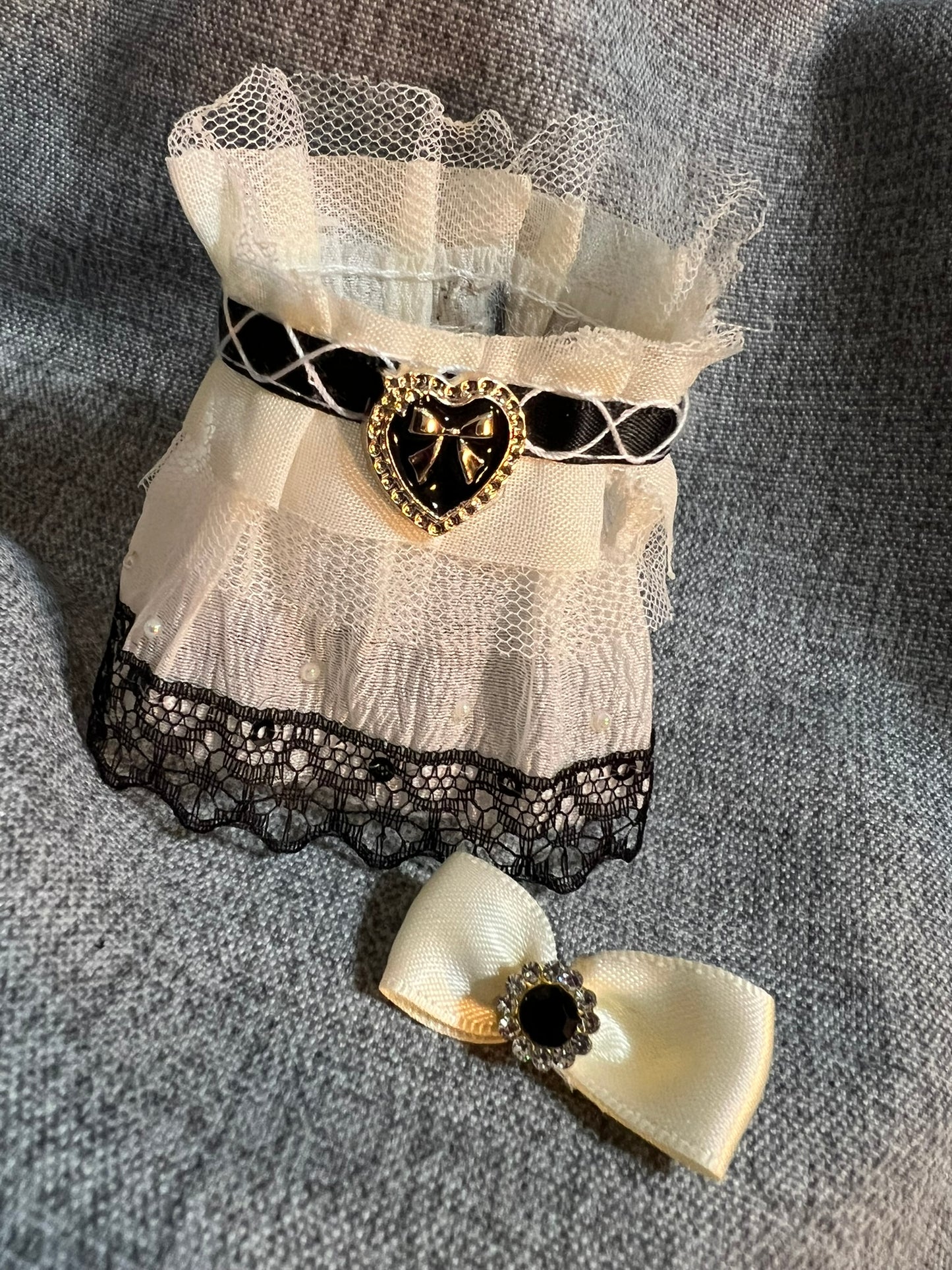 Ivory and Black Lace Dress with Matching Bow for 10cm Doll