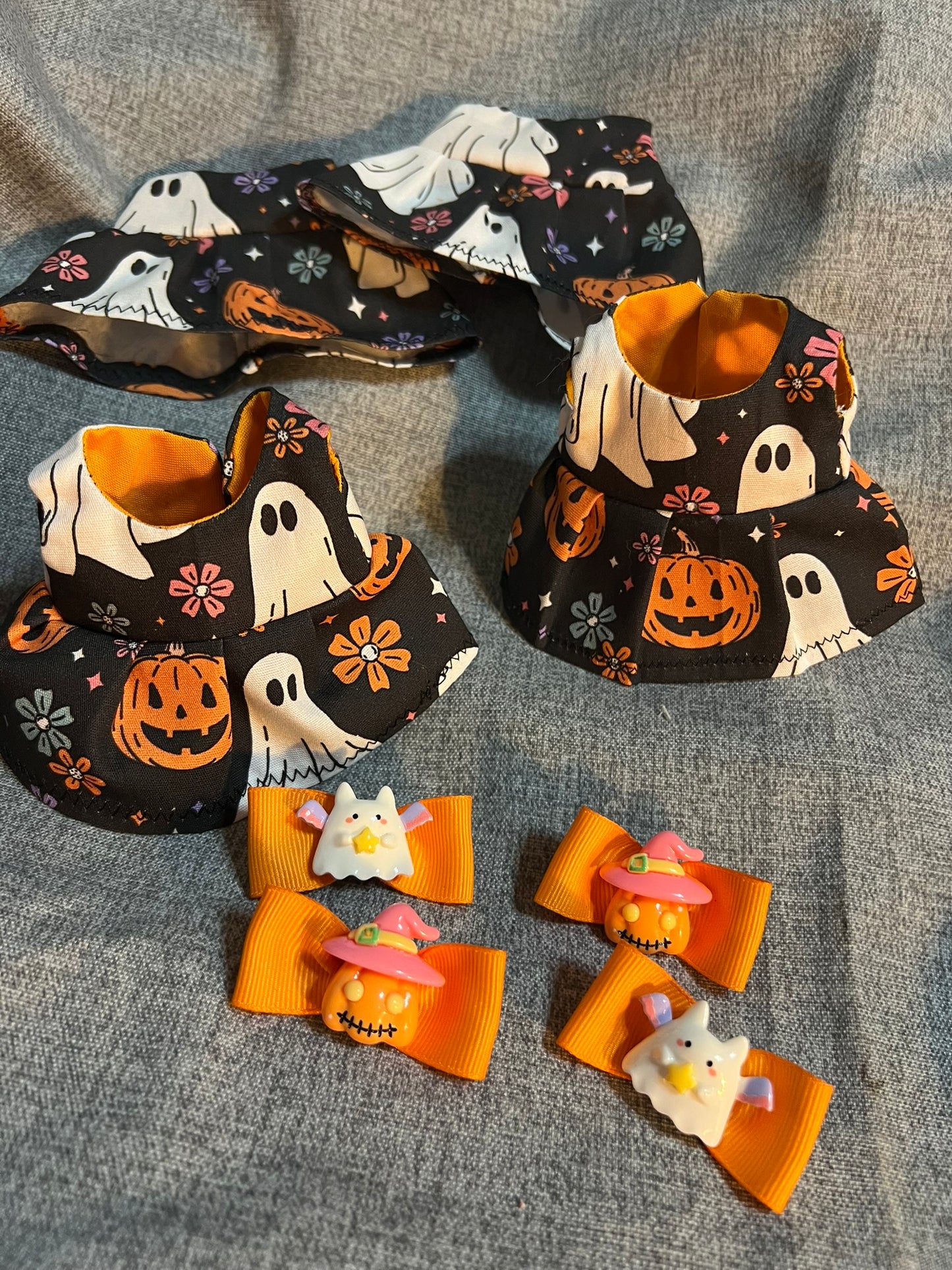 Halloween Dress with Matching Bow: Pumpkin Ghost Pattern Dress for 17cm Doll