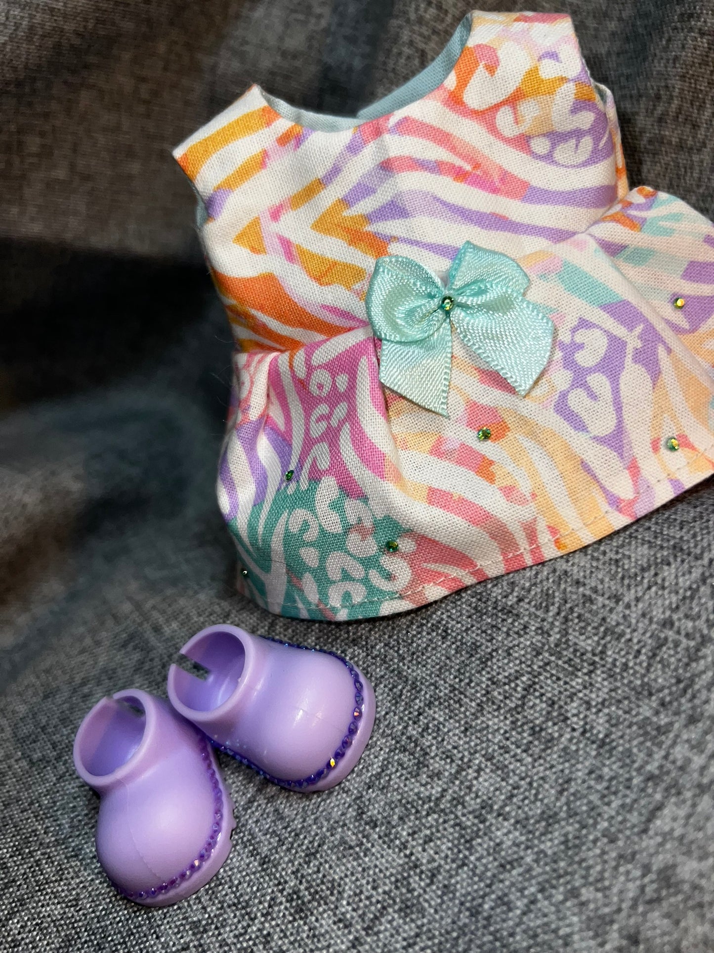 Rainbow Animal Print Dress with Matching Rhinestone Boots for 17cm Doll