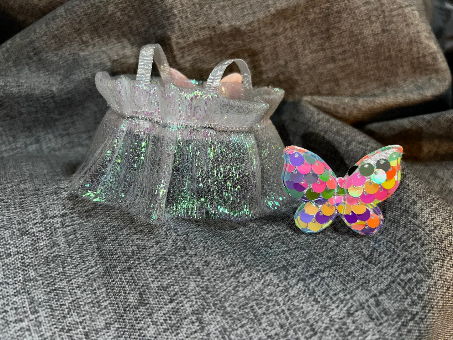 Iridescent Fairy Tulle Dress - Butterfly Applique on Back with Matching Butterfly Bow for 17cm Doll