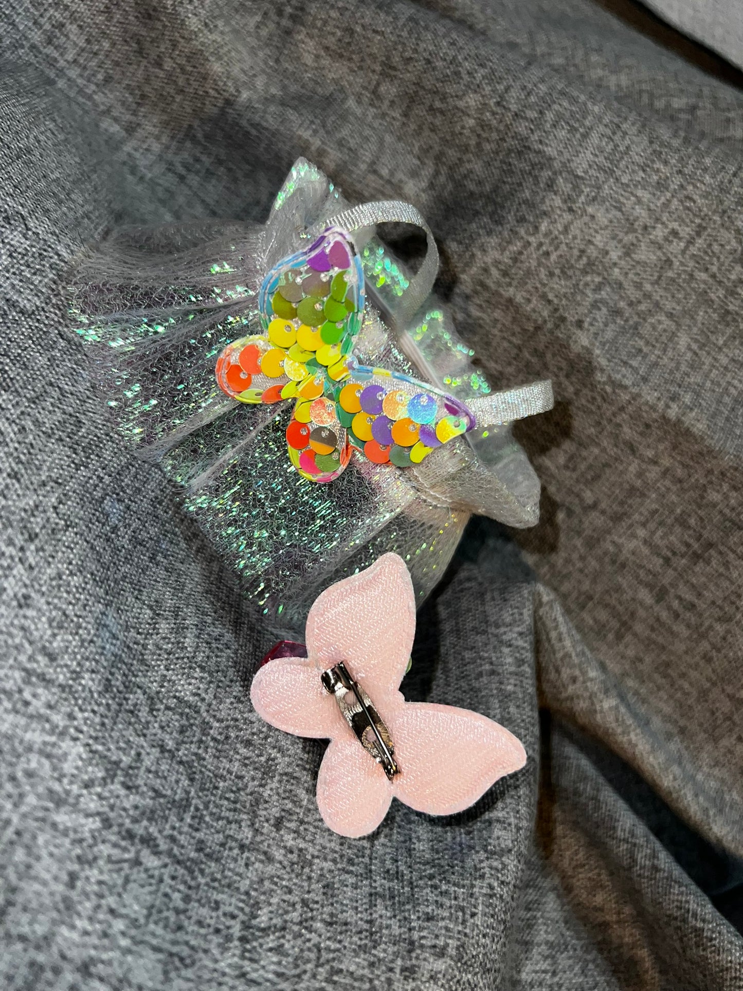 Iridescent Fairy Tulle Dress - Butterfly Applique on Back with Matching Butterfly Bow for 17cm Doll