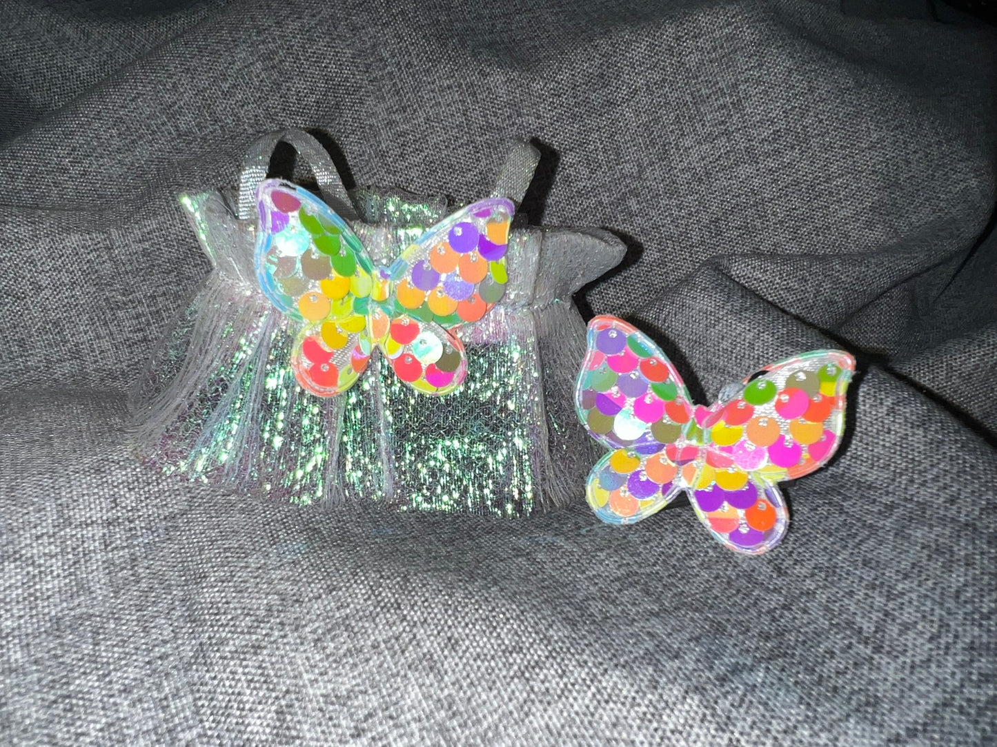 Iridescent Fairy Tulle Dress - Butterfly Applique on Back with Matching Butterfly Bow for 17cm Doll