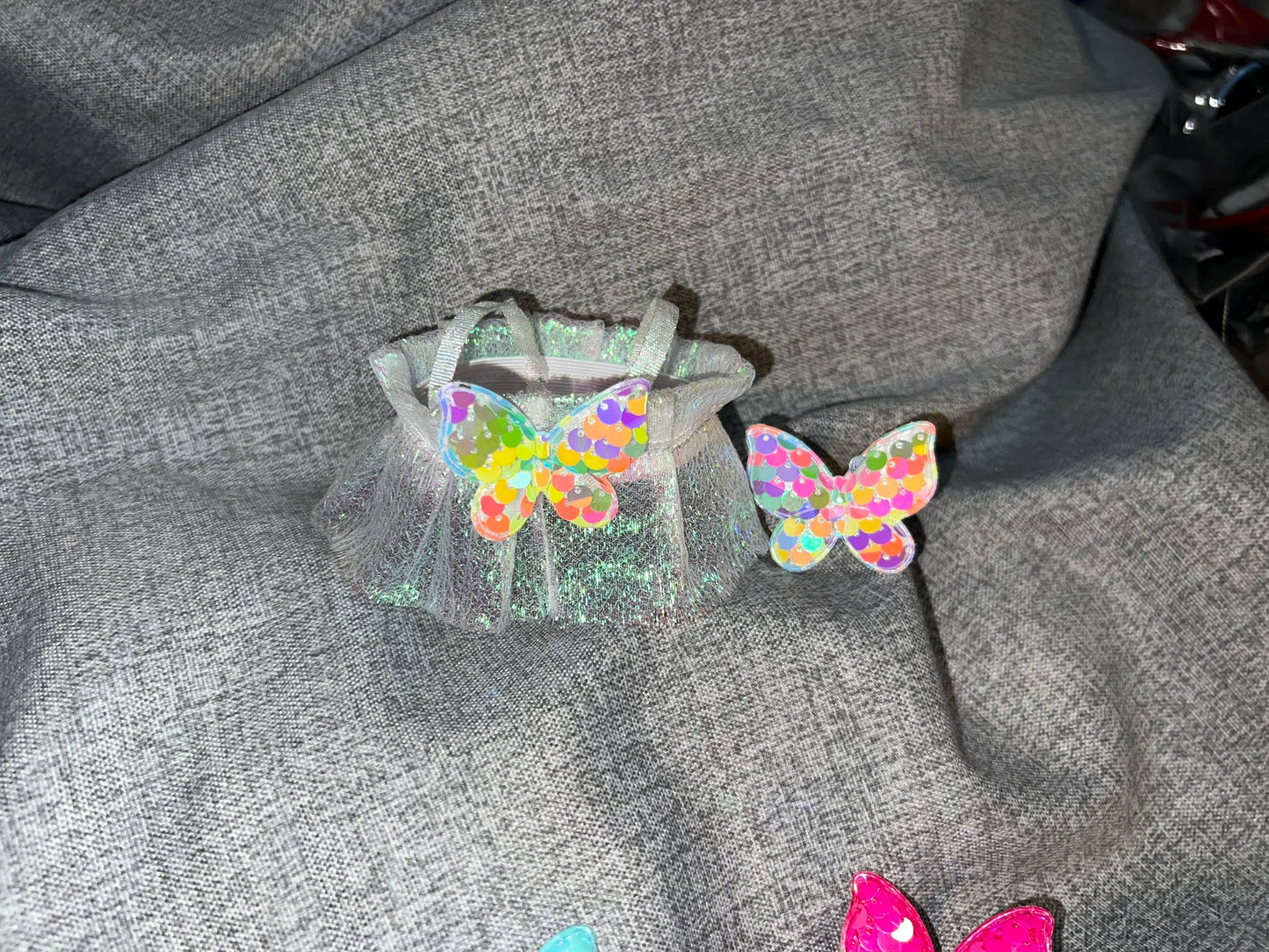 Iridescent Fairy Tulle Dress - Butterfly Applique on Back with Matching Butterfly Bow for 17cm Doll