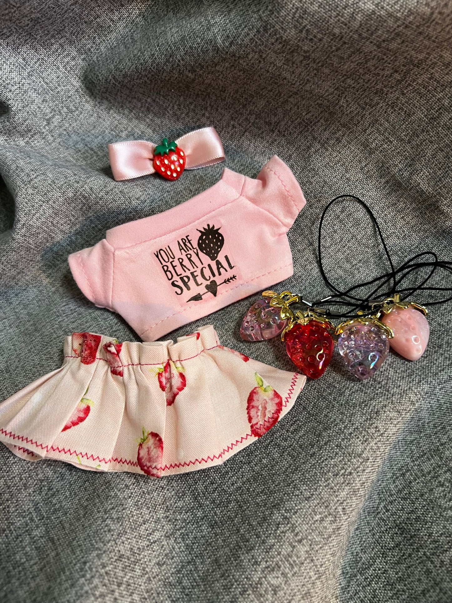 Pink Strawberry Tee & Skirt Set with Bow and Strawberry Accessory for 17cm Doll