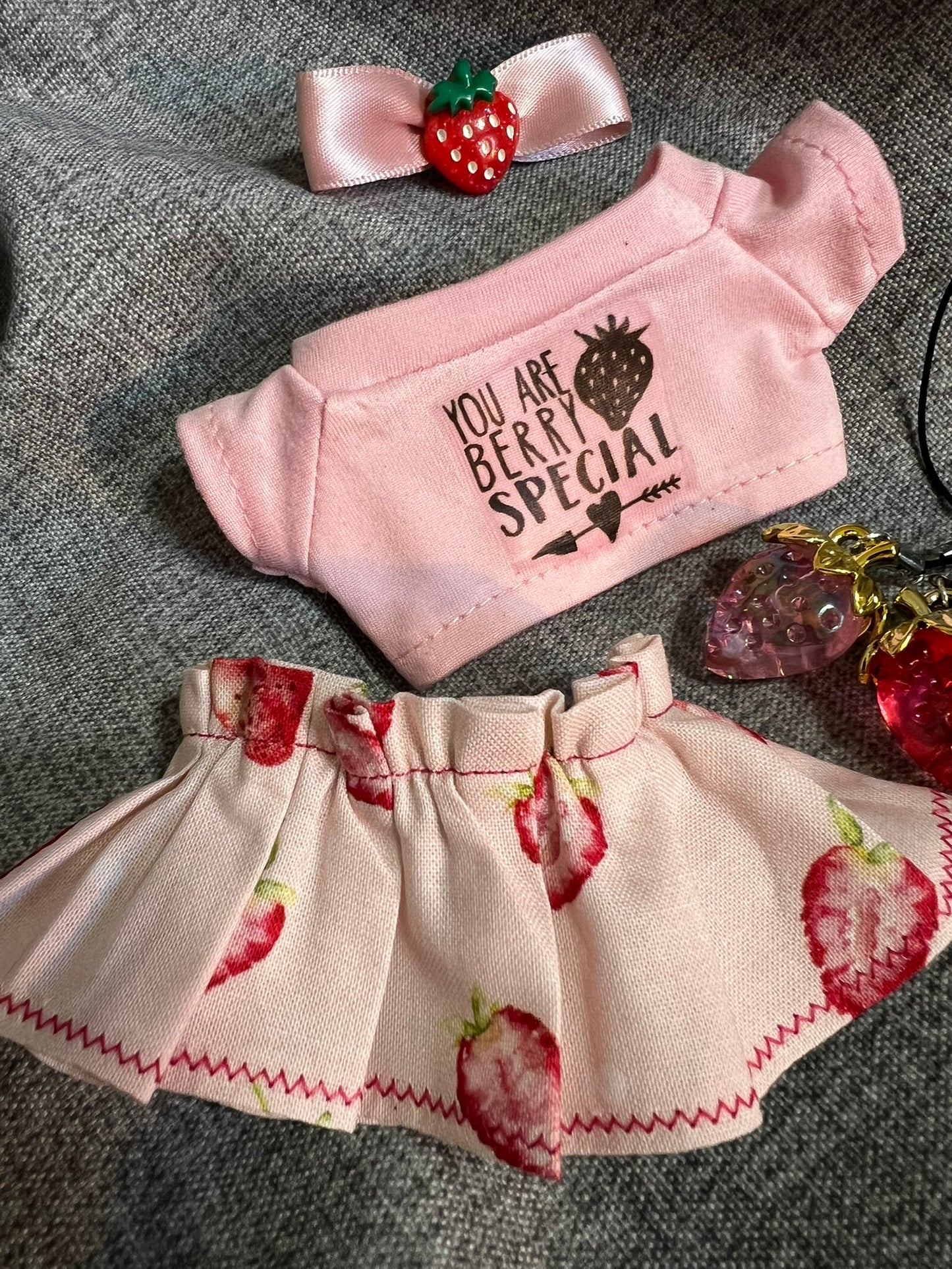 Pink Strawberry Tee & Skirt Set with Bow and Strawberry Accessory for 17cm Doll