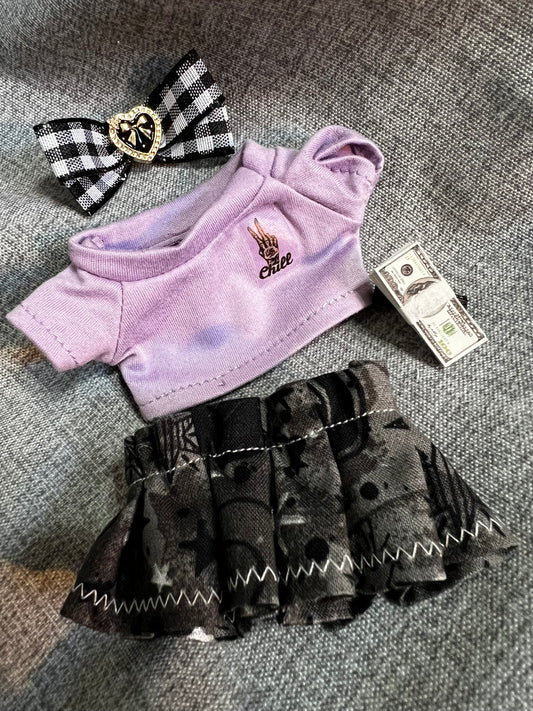 Sassy Skeleton Tee & Skirt Set with Bow and Cash Accessory for 17cm Doll