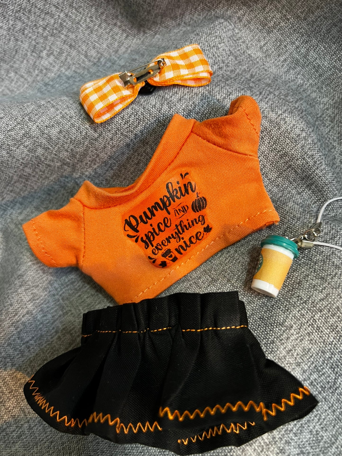 Pumpkin Spice Tee & Skirt Set with Bow and Coffee Accessory for 17cm Doll