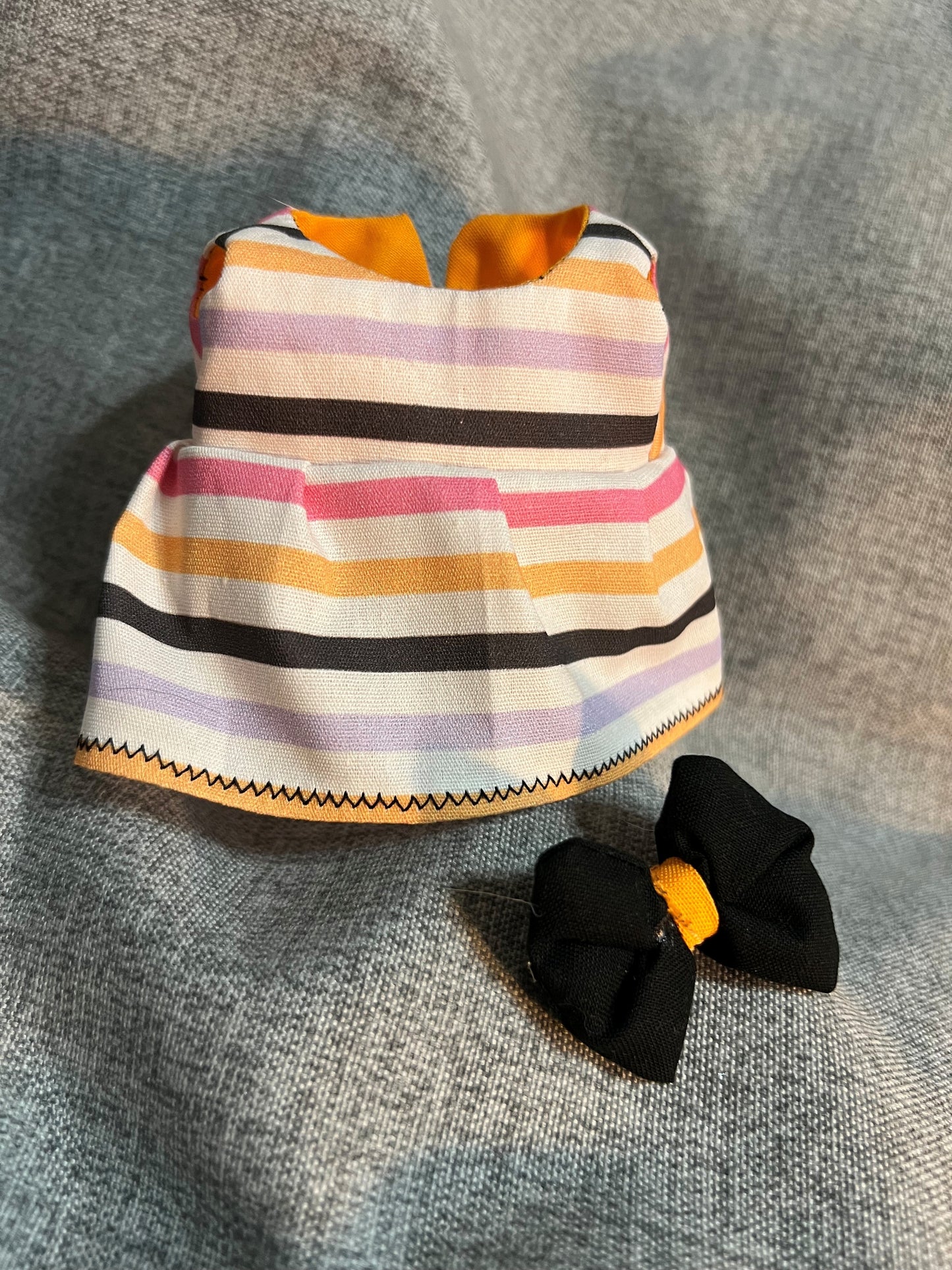 Halloween Dress and Bow Set: Orange, Pink, Purple, Black Stripes for 17cm Doll