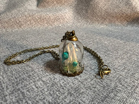 Quartz Crystal & Dried Flower Glass Dome Pendant - Antique Bronze Necklace