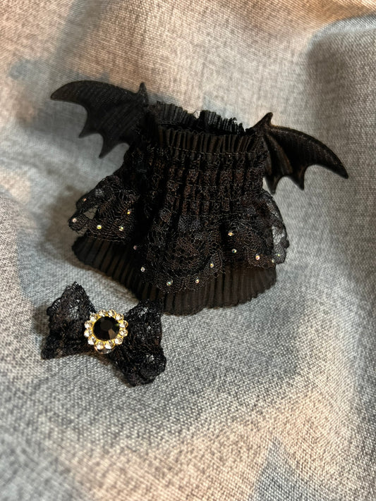 Black Lace Bat Winged Dress with Matching Bow for 10cm Doll - Halloween Costume