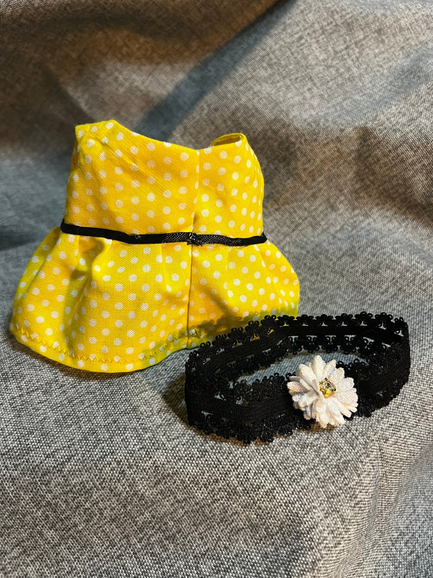 Yellow Polka Dot Daisy Dress with Headband for 17cm Doll