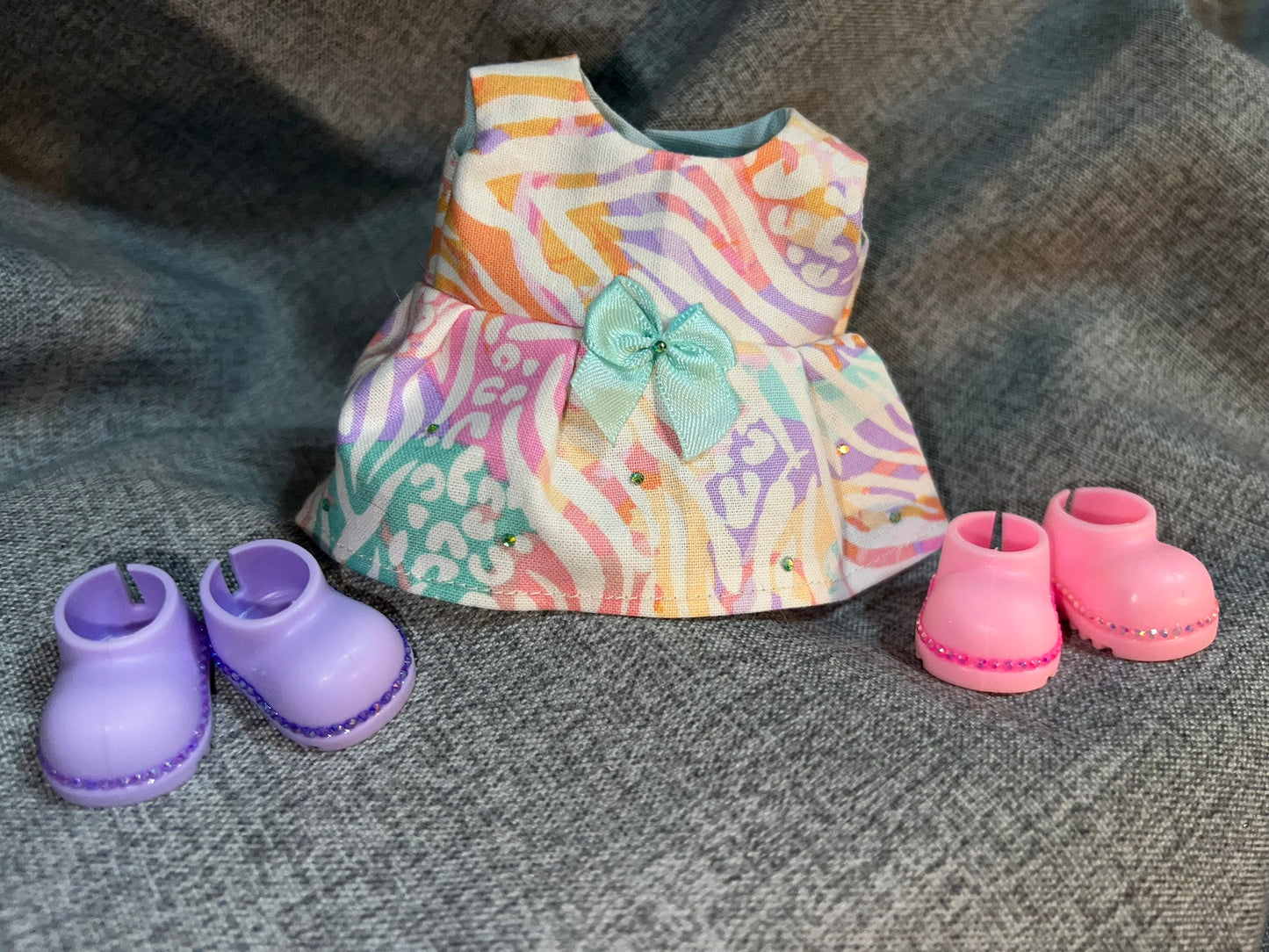 Rainbow Animal Print Dress with Matching Rhinestone Boots for 17cm Doll