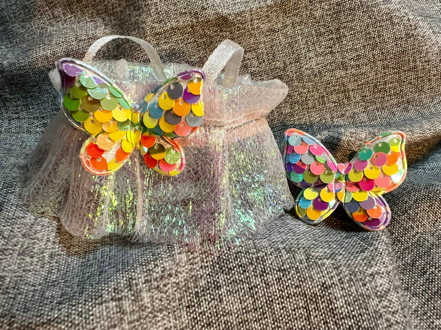 Iridescent Fairy Tulle Dress - Butterfly Applique on Back with Matching Butterfly Bow for 17cm Doll