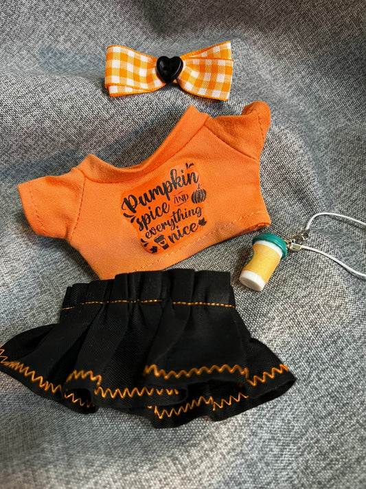 Pumpkin Spice Tee & Skirt Set with Bow and Coffee Accessory for 17cm Doll