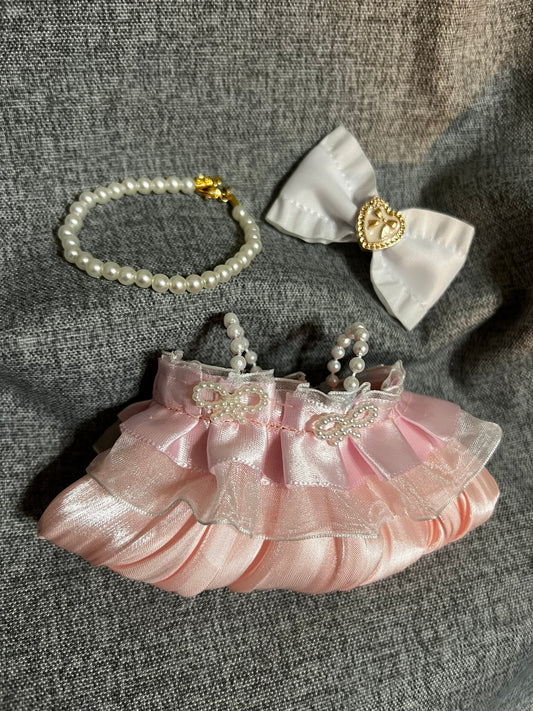 Pink Pearl Princess Dress Set (Dress, Bow & Necklace)