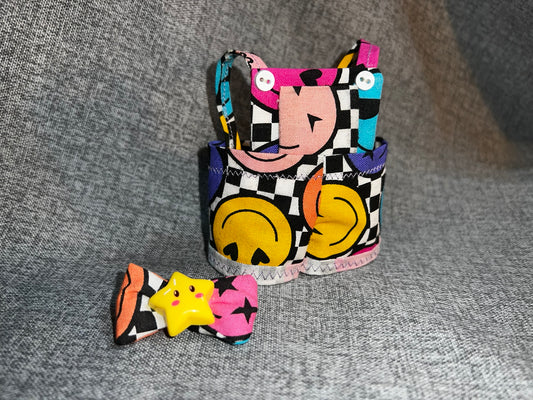 90's Happy Vibes Overalls and Matching Bow Set for 17cm Doll