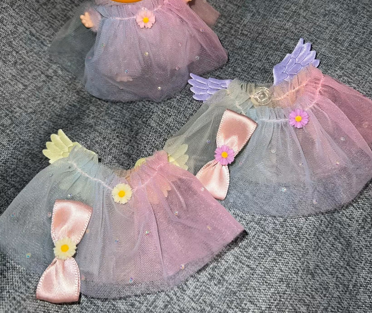 Rainbow Tulle Angel Wing Dress & Bow for 10cm Doll