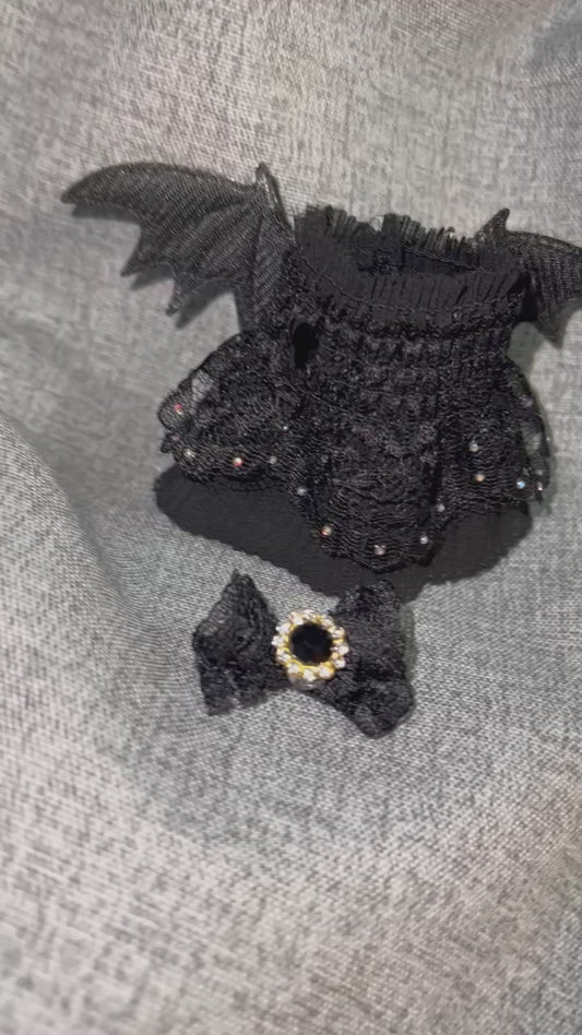Black Lace Bat Winged Dress with Matching Bow for 10cm Doll - Halloween Costume